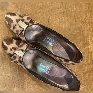 Ferragamo animal, print pony hair and leather pumps engraved logo